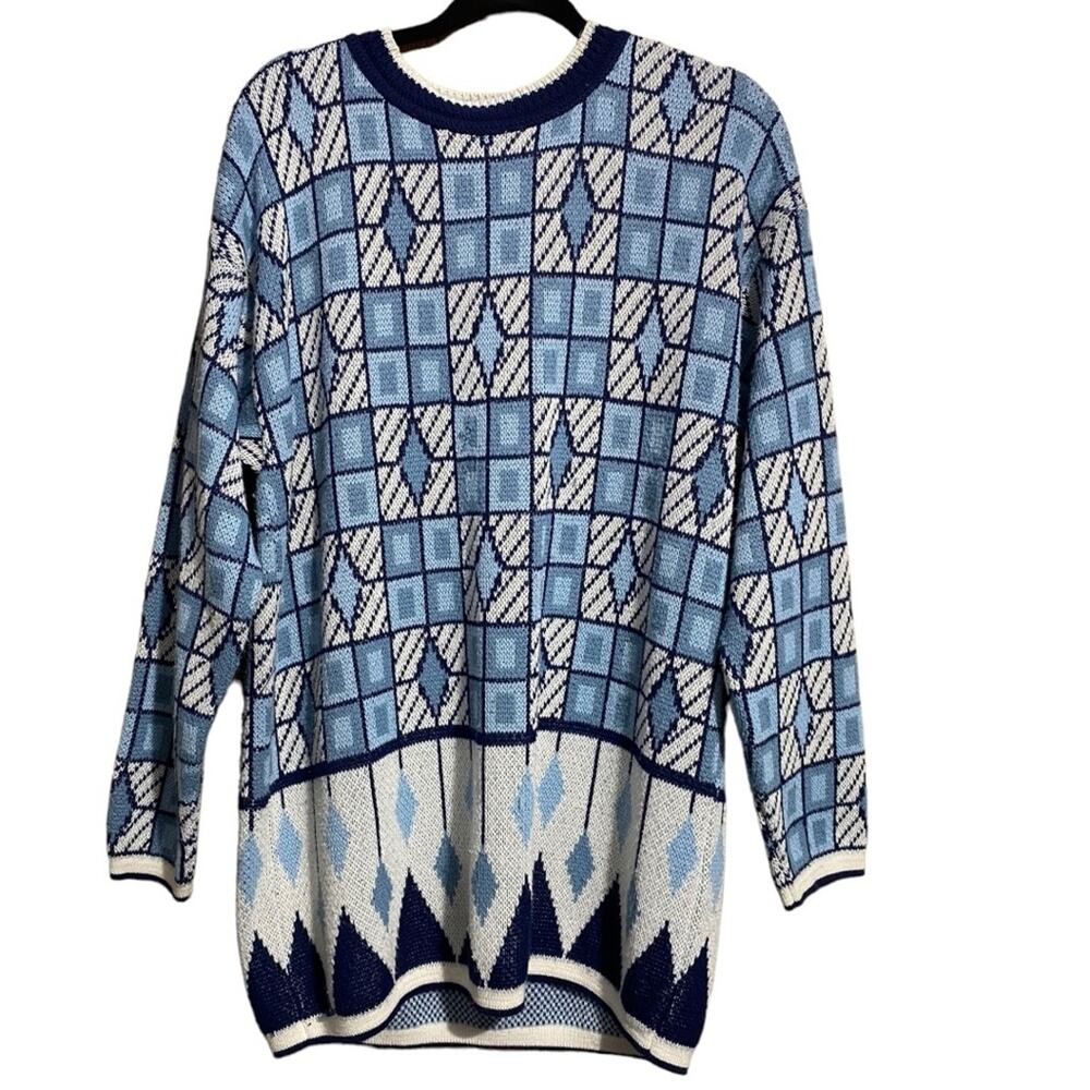 Kinetic New York shades of blue geometric vintage long sweater women's large EUC